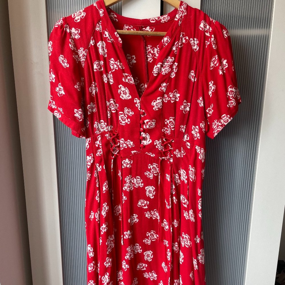Red mini dress with white floral design